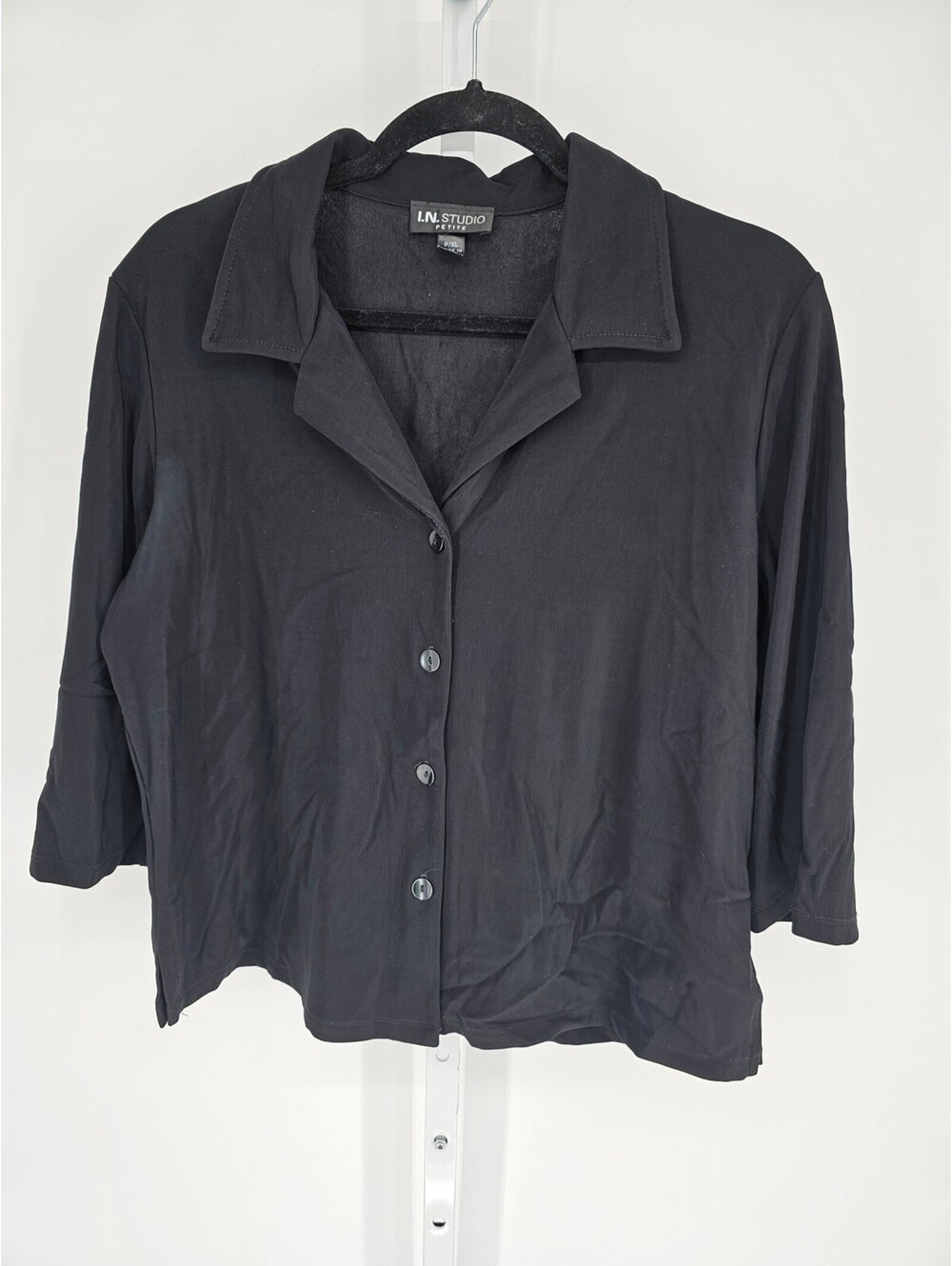 I.N. Studio Women's Black 3/4 Sleeve Collared Neck Button Blouse Top Size P/XL